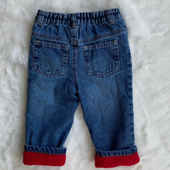 George Red Fleece Lining Pull-on Blue Denim Jeans Size 6-12 Months - Picture 2 of 7